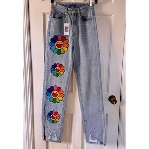NWT ENDIRAS Flower Power Jeans Paint‎ Splatter Denim Pants Colorful Art  26"x33"